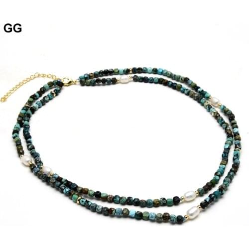 GuaiGuai Jewelry 2 Strands Natural Faceted Blue Turquoise White Rice Freshwater Pearl Choker Necklace 18" Cute Style For Women