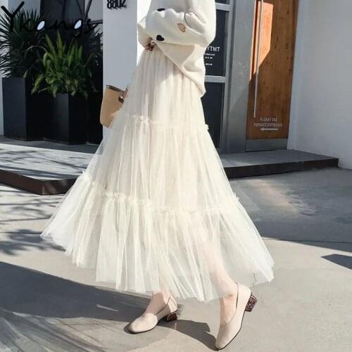 Black Long Gray Pleated Tutu Skirts 2021 Summer Vintage Women Elastic High Waist Mesh Midi Tulle Skirts Female Jupe Longue Saia