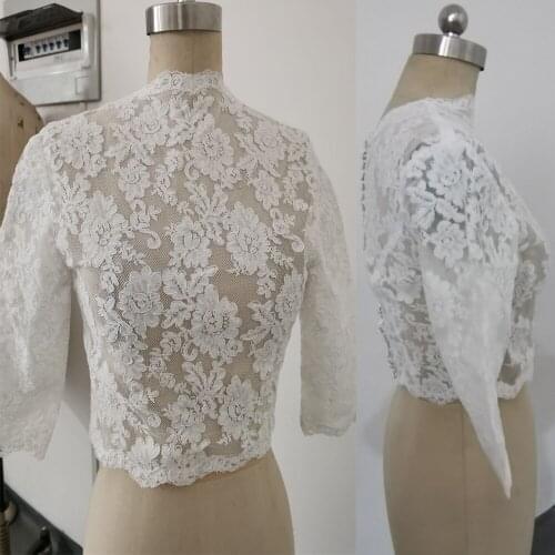 3/4 Sleeve Bridal Jacket High Neck Wedding Bolero Shawl White Ivory Lace Coat Custom Size Wedding Accessories