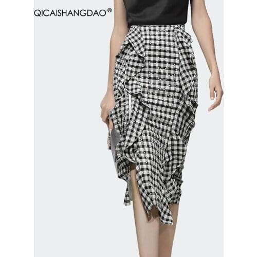 Mid-Length Irregular Ruffles Plaid Skirt Women' 2021 Summer New High Waist Split Elegant Sexy Office Ladies Wrapped Skirts