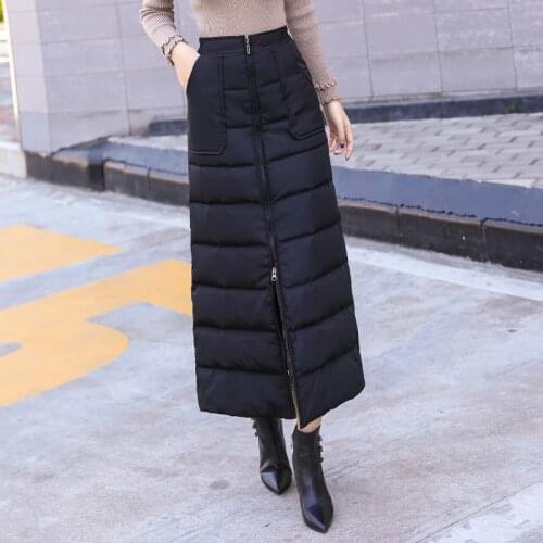 M-5XL Womens Skirts Fashion Winter Skirt 2020 New Windproof and Warm Zipper Down Cotton Skirt Large Size Black Skirts K1005