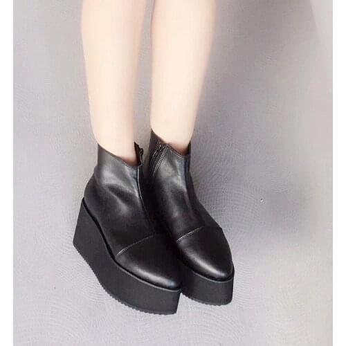 Womens Black PU Leather High Platform Zip Lolita Ankle Boots Pointed Toe Lolita Short Boots