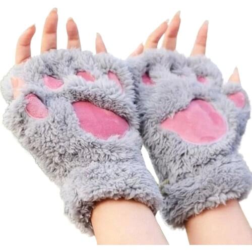 Women Cute Cat Claw Paw Plush Mittens Warm Soft Plush Short Fingerless Fluffy Bear Cat Gloves Costume Half Finger 913#3