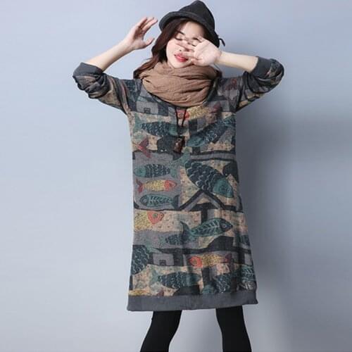 2018 New Autumn Winter Women Dress Printing Round neck Plus velvet Thick Warm Pullover Bottoming Dress Casual Female Dress W174