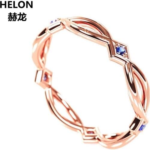 Natural Blue Sapphires Engagement Ring Solid 14k Rose Gold Wedding Ring for Women Eternity Band