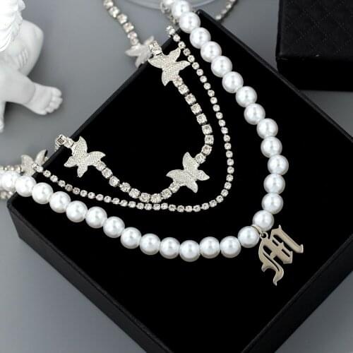 JUST FEEL Fashion Elegant Pearl Choker Necklace Female Gold Silver Color Butterfly Rhinestone Chain Necklace Personality Jewelry