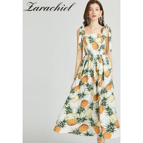Summer Holiday Beach Long Dress Womens Bow-knot Spaghetti Strap Backless Fruit Pineapple Print High Waist Runway Sundress