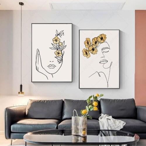 Abstract Women Line Drawing Nordic Poster and Print Canvas Painting Wall Art Mustard Yellow Girl Wall Picture Bedroom Home Decor