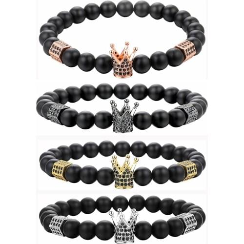 ASHMITA Men Black Matte Onyx Beads Crown Yoga Bracelets Women Essential Oil Diffuser Stone Beaded Elastic Bangle for Women