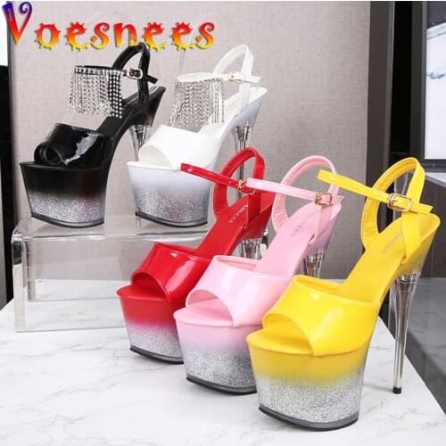 Voesnees Women Shoes 2021 New Stripper Heels Bling Sexy Thin Heels 17CM Female Sandals Platform Diamonds Fringe Wedding Shoes