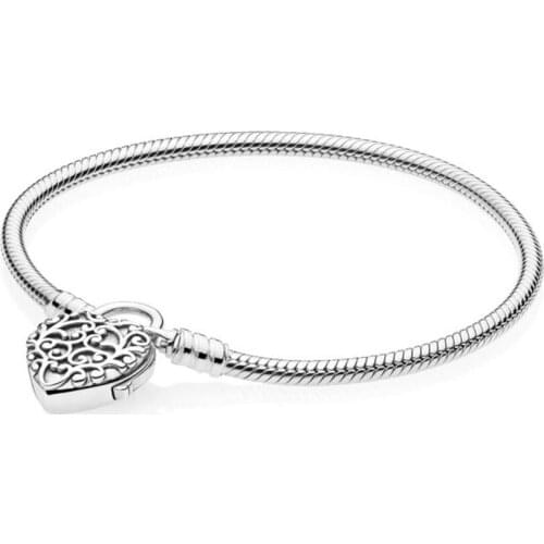 NEW 100% 925 Sterling Silver Original Classic Logo Charm Heart Lock Basic MOMENT SMOOTH BRACELET WITH SIGNATURE PADLOCK DIY Bead