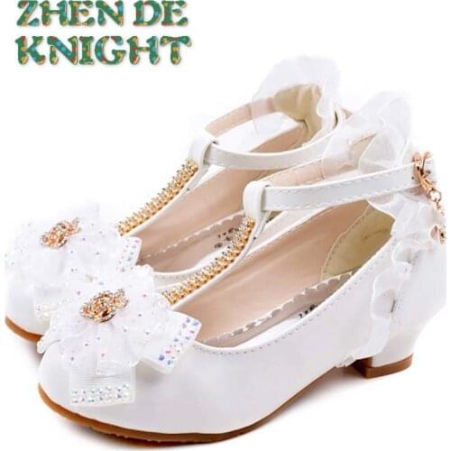 Children Party Leather Shoes Girls PU Low Heel Lace Flower Kids Shoes for Girls Single Shoes Dance Dress Shoe White Pink