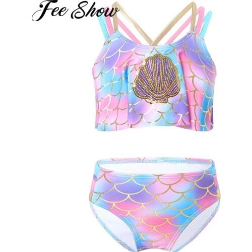 Kids Girls Two piece Swimwear Bikini Sets Sequin Mermaid Swimwear Bathing Suit with Embroidery Fish Scales Print Beachwear