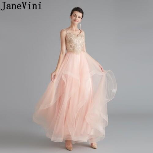 JaneVini Elegant Beaded Prom Dresses Long 2019 Pink Puffy Tulle Gold Lace Appliques 2020 Women A Line Event Formal Evening Gowns