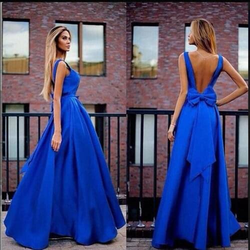 Elegant Royal Blue Long Prom Dresses 2019 Sashes Bow Vestidos De Formatura Evening Gowns Backless Party Dress Cheap Clothe China