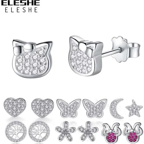 ELESHE 925 Sterling Silver Stud Earrings For Women Girls Cute Cat Butterfly Infinity Flower CZ Crystal Children Earrings