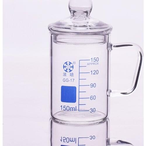 Beaker in low form without spout,With handle,Capacity 150ml,Outer diameter=60mm,Thickness=2.8mm,Height=87mm,Laboratory beaker