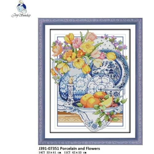 Joy Sunday Porcelain and Flowers Cross Stitch Kits 11CT Printed Fabric 14CT Canvas DMC Counted Embroidery set Needlework