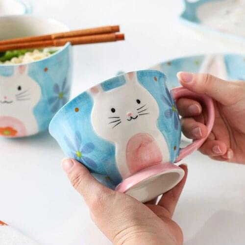 Chinese Lovely Ceramic Cup Creative Breakfast Unicorn Lovers Cup Animal Rabbit Giraffe Style pink coffee mug cat pattern