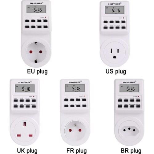 By dhl 20pcs EU/US/UK/FR 230V Plug Switch Socket Plug-in Programmable Timer Switch Socket with Clock Summer Time Random Function