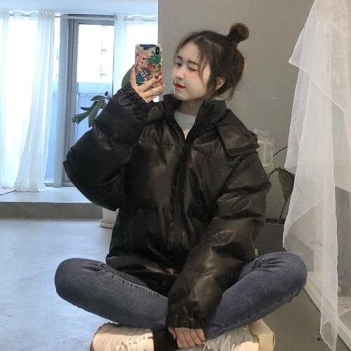 Korean Hooded PU Leather Cotton-Padded Jacket Women Winter 2020 Warm Loose Bread Coat Female Black Thick Chaqueta Mujer Overwear