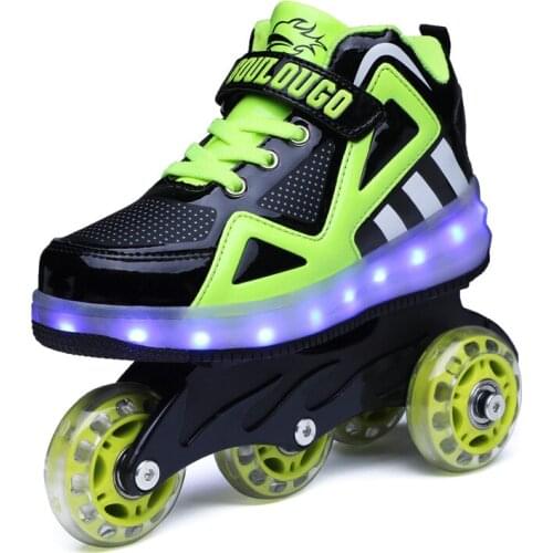 New skates led charging switch single and double row walking wheel deformation shoes for children