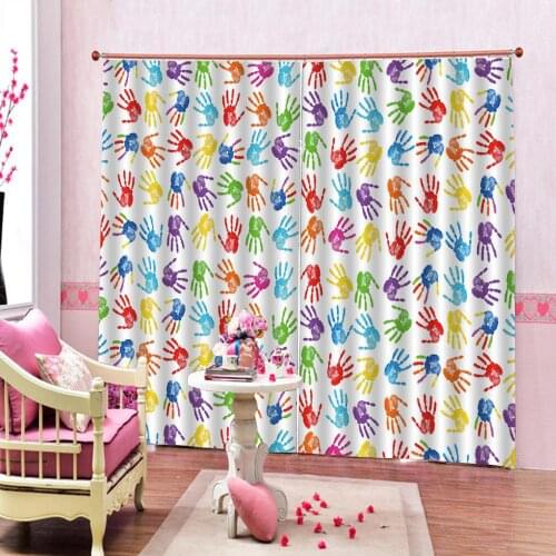 Custom Art Oil Painting Curtain Human Handprint Kids Colorful Paint Effect Open Palms Window Drapes Decor Sets 2 Panels Hooks
