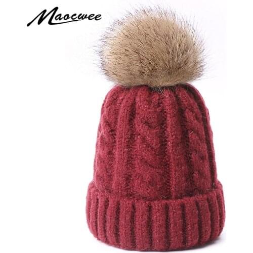 Winter Knitted Wool Beanie Hat Faux Fur Pom Pom Thick Warm Hats For Women And Children Outdoor Fashion Solid Color Bonnet Caps