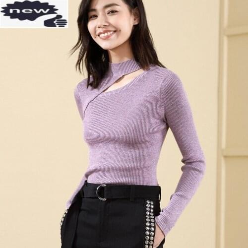Wool Sweater Female Fashion Turtleneck Slim Skinny Top Autumn Winter Hollow Out Knit Sweaters Casual Solid Black Purple Pullover