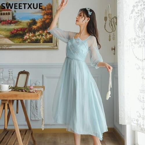 SWEETXUE Retro Chinese Style Embroidered Mesh Party Dress Womens Summer 2021 Fashion Elegant Fairy Long Cute Chic Dress Female