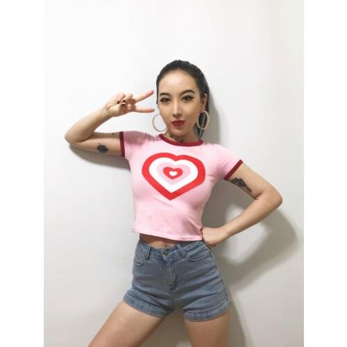 Patchwork Gradient Rainbow Peach Love Print Short Sleeve Crop Top Slim Tee Shirt Japan Korean Sweet Streetwear Kawaii T-shirt T