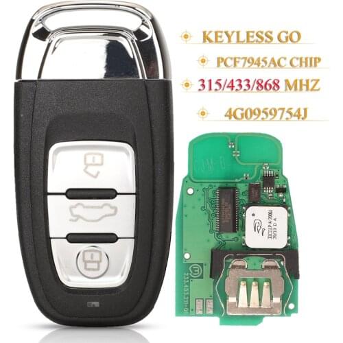 Kutery 3Buttons Smart Remote Car Key Fob For Audi A4 A5 A6 Q5 S4 S5 Keyless Go Entry 315/433/868MHZ PCF7945AC 4G0959754J