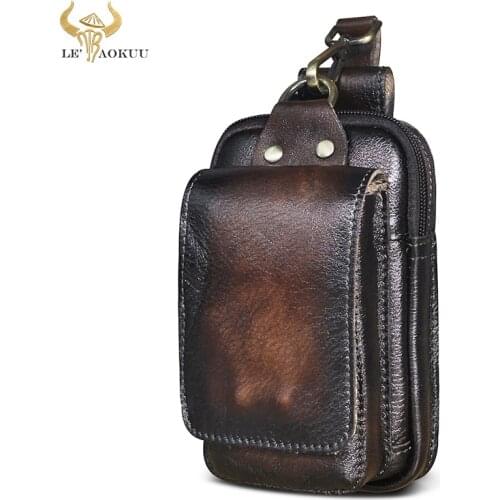Natural Leather men Casual Design Vintage Small Waist Bag Hook Bum Bag Fanny Waist Belt Pack Cigarette Case Phone Pouch 1609