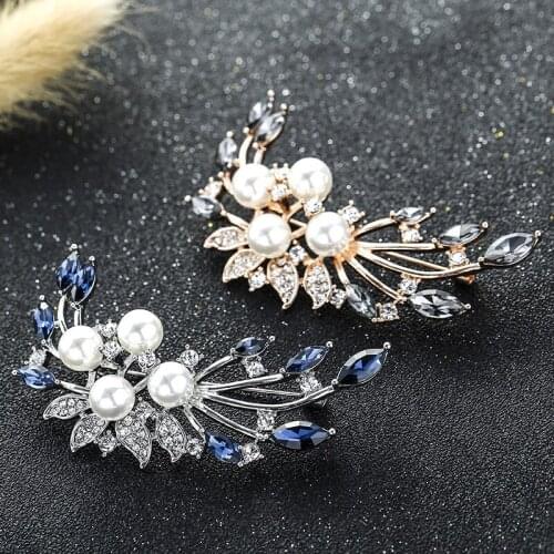 New Fashion Pearl Flower Crystal Branch Zircon Brooch For Women Gold Silver Color Plant Pins Suit Decoration Jewelry