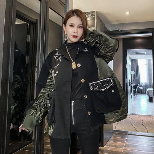 2020 Spring Autumn Black Denim Jacket Women Coat new heavy industry hot diamond loose stitching contrast color tooling Top m315