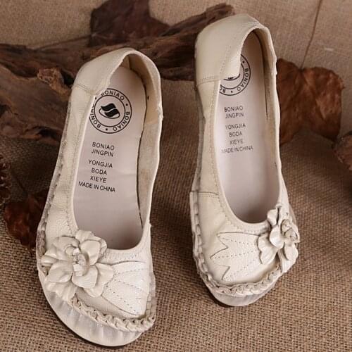 Women Genuine Leather Loafers 2021 Arrival Comfort Anti-Odor Soft Flats Summer Ethnic Style Luxury Brand Vintage Ballet Shoes