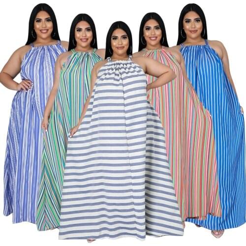 Plus Size Long Maxi Dress Women Summer Halter Neck Sleeveless Loose Casual Striped Print Robe Longue Femme Vestidos 4XL