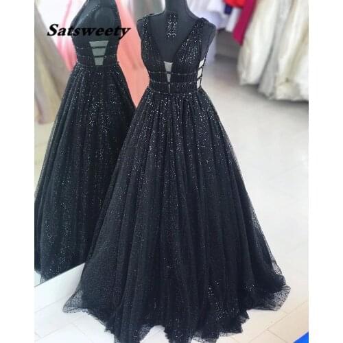 Real Picture New V-Neck Black Prom Dresses A-Line Sequin Lace Beaded Party Maxys Long Prom Gown Evening Dresses Robe De Soiree
