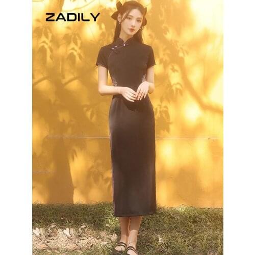 ZADILY Floral Embroidery Chinese traditional Women Dress Short Sleeve Emprie Hem Split Ladies Midi Dresses 2021 Summer Party
