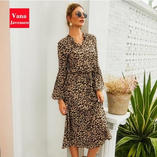 Leopard Print Dress Women A-Line Beach Dresses Female High Waist Bandage Long Sleeve Bohemian Midi Dress Womans Clothes Vestidos