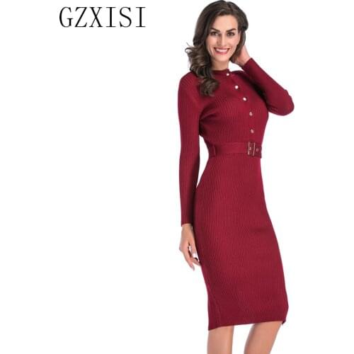 2018 winter dress women long sleeve empire white knitted party dress solid sheath red button office dress ladies vintage