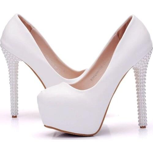 2019 Fashion Women Pumps Shoes pearl PU Waterproof platform Round Toe Thin Heels 14CM High Heels Womens Wedding Shoes