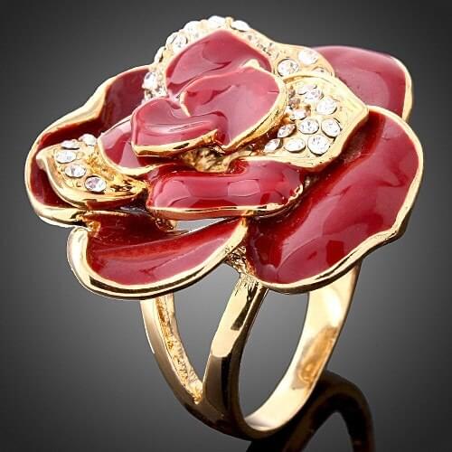825 gift Wholesale Gold Color Red Green Rose Flower Ring With Austria Crystals Wedding Rings For Women Girls Lovers' Gift