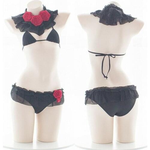 Anime Japanese Sweet Lolita Sexy Cute Sleepwear Kawaii Hollow Rose Gothic Bikini Underwear Bra & Panties