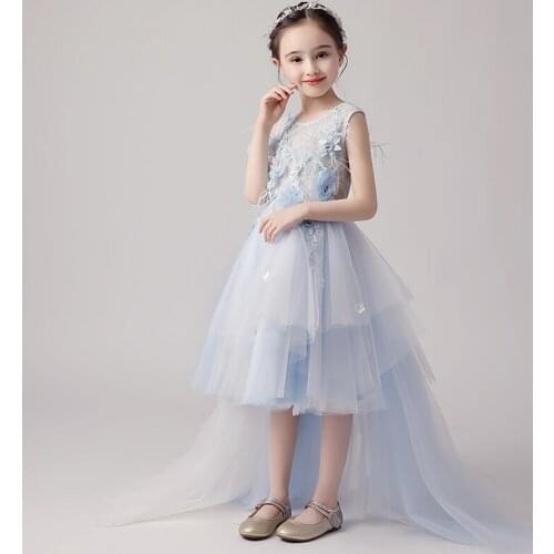 Flower Girl Dresses Illusion O-Neck Sleeveless Appliques Embroidery Plearls Princess Tulle Lace Light Blue Kids Party Gown H664
