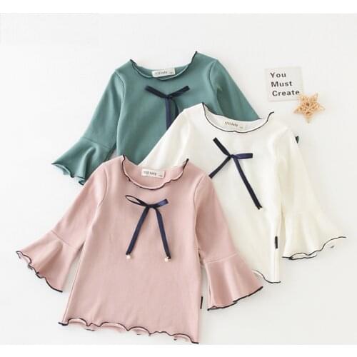 Girls T-shirt princess clothes spring and autumn 2021 new style trumpet sleeve foreign style Korean bowknot cotton P4410