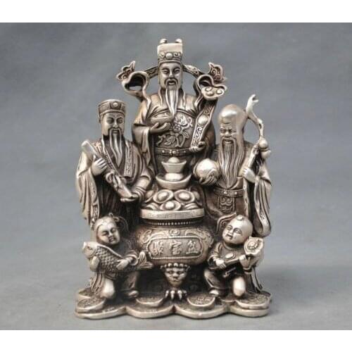 7" China Silver Bronze Fu Lv Shou 3 Star Mammon Boy Fish Statue Healing Medicine Decoration 100% Brass Bronze