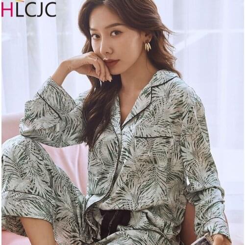 2 Pieces Autumn Women Sleepwear Faux Silk Satin Green Plants Pajamas Set Long Sleeve Pajamas for women Ladies Pyjamas Femme
