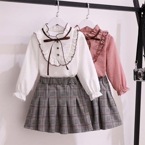 Preppy Style Baby Girls Clothes Spring & Autumn Kids Sets for Teens Outfits Long Sleeve Cotton Shirt Plaid Skirt 2 Pieces Suits