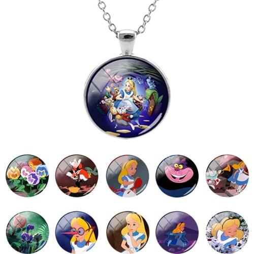 Disney Alice in Wonderland Classic Cartoon Glass Dome Pendant Long Chain Necklace for Kids Birthday Gift Cabochon Jewelry DSN563